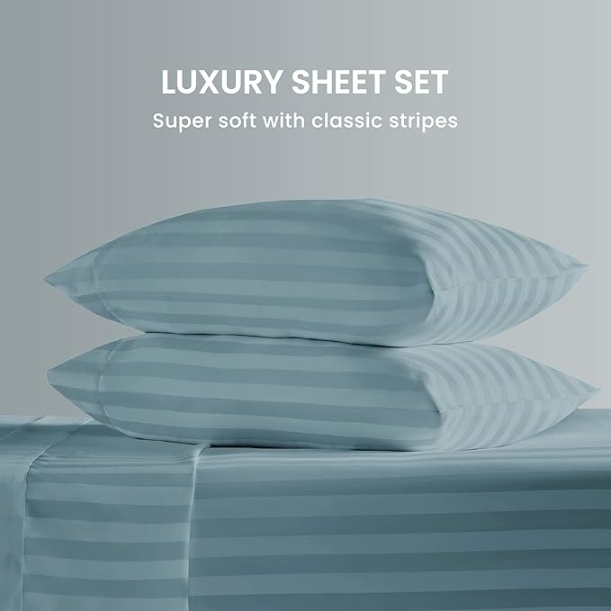 SLEEP ZONE Striped Cooling Queen Sheets Set - Fitted Flat Sheet & Pillowcase Sets 4 Piece - Super Soft Stripe Bed Sheet, Easy Care, Deep Pocket (Flint Blue, Queen)