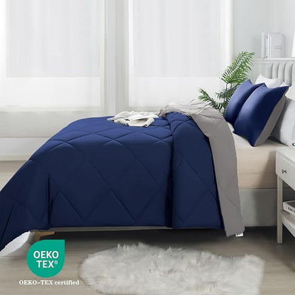 3-Piece Full Comforter Set,All-Season,Soft & Hypoallergenic &Breathable Bedding,Polyester Quilted,Down Alternative(Comforter*1 & Pillowcases*2),Dark Gray/Dark Blue