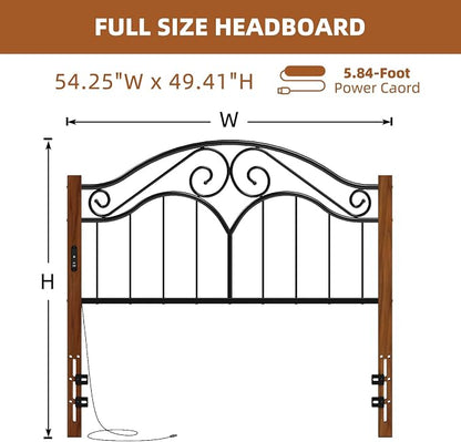 Headboard for Full Size Bed Frame with Charging Station USB & Type C Ports | Vintage Platform Bed Headboard Only,Adjustable,Iron Legs,Easy Assembly,Black