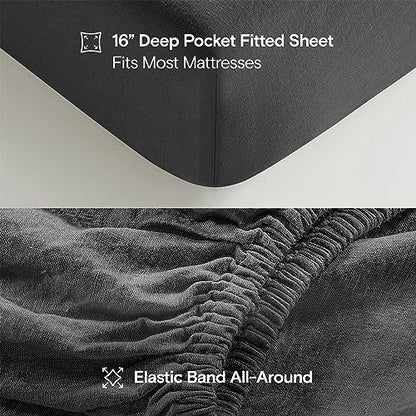 Sijo Stone Washed Organic French Linen Bed Sheet Set, GOTS Certified Organic, Best Cooling Linen Sheet Award by Sleep Foundation, 3 Piece - 2 Pillowcases and 1 Fitted Sheet (Storm, Full)