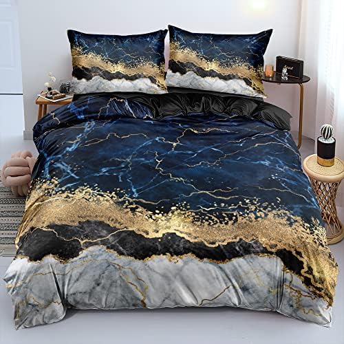 Royal Blue Marble Duvet Cover Set Full Size Sequin Gold Bedding Comforter Covers with 2 Pillow Shams Breathable Durable Soft Comfy
