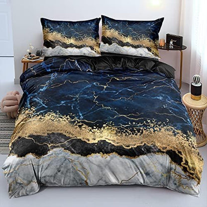 Royal Blue Marble Duvet Cover Set Full Size Sequin Gold Bedding Comforter Covers with 2 Pillow Shams Breathable Durable Soft Comfy