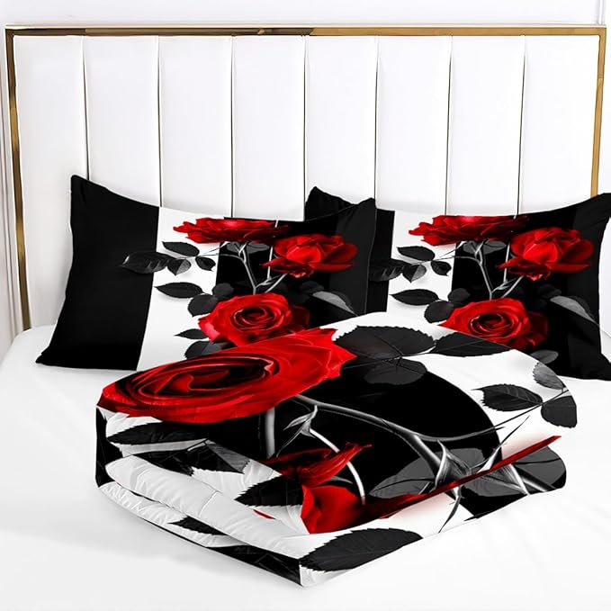 Rose Comforter Set King Black Red Bedding Set Striped Floral Bedding for Women Aesthetic Comforter with 2 Pillowcases, Ultra Soft Lightweight 3Pieces