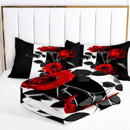 Rose Comforter Set King Black Red Bedding Set Striped Floral Bedding for Women Aesthetic Comforter with 2 Pillowcases, Ultra Soft Lightweight 3Pieces