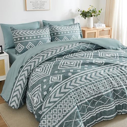 Yiran Boho Aztec Comforter Set King Size, Grayish Blue Comforter Bedding Set, 7 Piece Bed in a Bag, Soft Microfiber Bohemian Striped Complete Bedding Set with Sheets for All Season