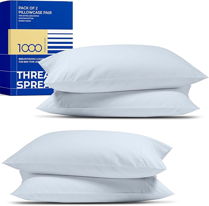 Thread Spread 100% Egyptian Cotton Pillow Cases Queen Size Set of 4 - Luxury 1000 Series Paradise Collection Queen Pillow Cases (Pack of 2, Light Blue), Soft Cooling Hotel Egyptian Cotton Pillowcases