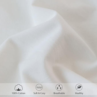MooMee Fitted Bottom Sheet Only 100% Washed Cotton Linen Like Textured Breathable Durable Soft Comfy Deep Pocket Fits Mattress up to 17" (Off White, Twin)