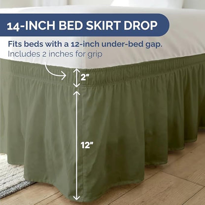 Wrap Around Dust Ruffle Bed Skirt - Sage Green - for Full Size Beds w/ 14 Inch Drop - Easy Fit Elastic Strap - Adjustable Pleated Bedskirt with Brushed Fabric, Wrinkle Free Women, Men, Kids and Teens
