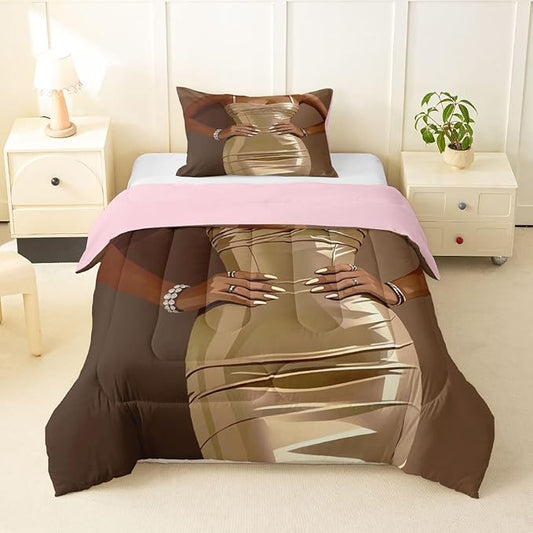 Erosebridal Fashion Black Woman Bedding Set for Kids Vogue Black Girls Twin Comforter Set Fashionable Gorgeous Duvet Insert for Girls Women Teens Romantic Fashion Theme Quilt with 1 Pillow Case