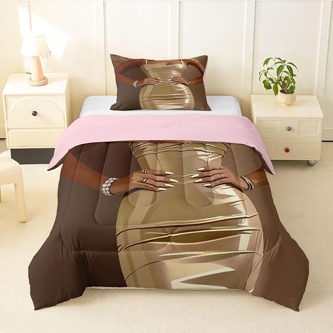 Erosebridal Fashion Black Woman Bedding Set for Kids Vogue Black Girls Toddler Comforter Set Fashionable Gorgeous Duvet Insert for Girls Women Teens Romantic Fashion Theme Quilt with 1 Pillow Case