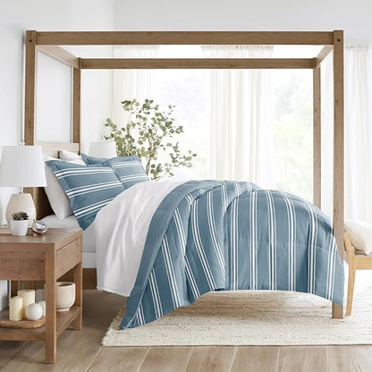 LINENS & HUTCH Comforter Set Patterned Microfiber All Season Down-Alternative Ultra Soft Bedding in Soft Stripe - Full/Queen Soft Stripe Light Blue