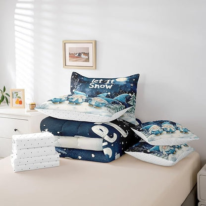 Castle Fairy Winter Night Comforter Set Bed in a Bag 7 Pieces King,Cute Gnome Retro Blue Tie Dye Bedding Set,Merry Christmas Theme (Comforter+Fitted+Flat Sheet+2 Pillowcases+2 Throw Pillow Covers)