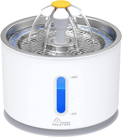 Wonder Creature Cat Water Fountain Stainless Steel Lid 81oz/2.4L | Quiet Pet Fountain, LED Water Level Window, Multi-Layer Filter, Dishwasher-Safe Stainless Steel Lid for Cats and Dogs
