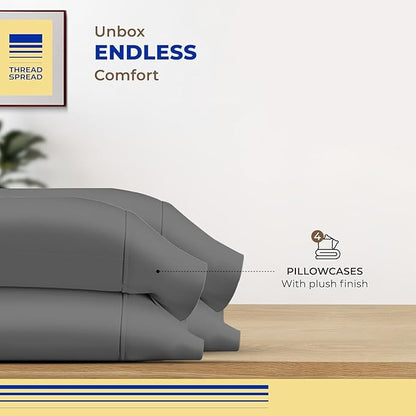 Thread Spread 100% Egyptian Cotton King Size Pillow Cases Set of 4 - Luxury 600 Series Bliss Collection Pillow Cases King Size (Pack of 2, Dark Grey), Hotel Cotton Pillowcases, Sateen Finish