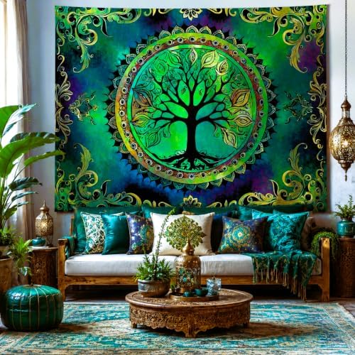 Delur Tree of Life Tapestry Green Nature Bohemian Mandala Spiritual Tapestry Wall Hanging Mystical Landscape Hippie Psychedelic Headboard for Bedroom Living Room Home Decor (51.2" x 59.1")