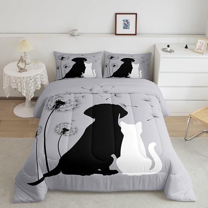 Erosebridal Couple Bedding Set King, Kawaii Cat Dog Comforter for Boys Girls Teens Adult, Cute Pet Aniamls Duvet Insert, Lovely Kitten Puppy Quilt Set, Dandelion Plants Floral Down Comforter, Gray