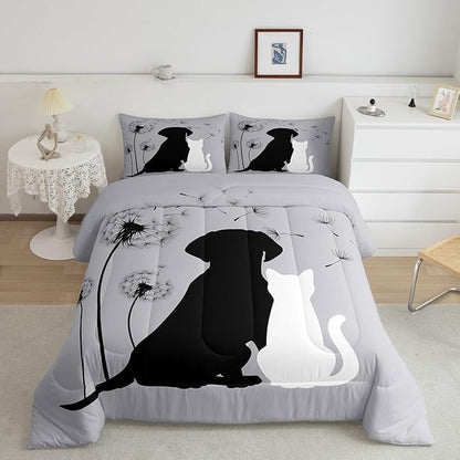 Erosebridal Couple Bedding Set King, Kawaii Cat Dog Comforter for Boys Girls Teens Adult, Cute Pet Aniamls Duvet Insert, Lovely Kitten Puppy Quilt Set, Dandelion Plants Floral Down Comforter, Gray