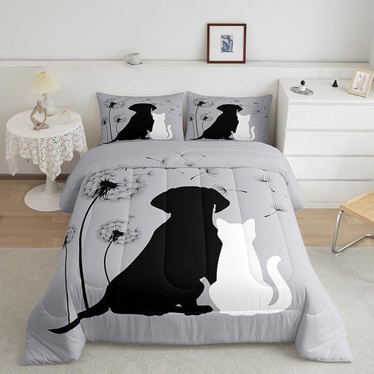 Erosebridal Couple Bedding Set King, Kawaii Cat Dog Comforter for Boys Girls Teens Adult, Cute Pet Aniamls Duvet Insert, Lovely Kitten Puppy Quilt Set, Dandelion Plants Floral Down Comforter, Gray