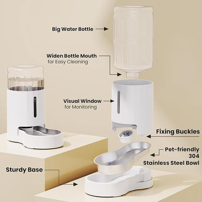 CZPET Dog Water Bowl Dispenser 7L, Wider Mouth Gravity Refilling (White) | With Stainless Steel Bowl Gravity Waterer, Large Capacity and Drinking Area Noise-Free for Pets