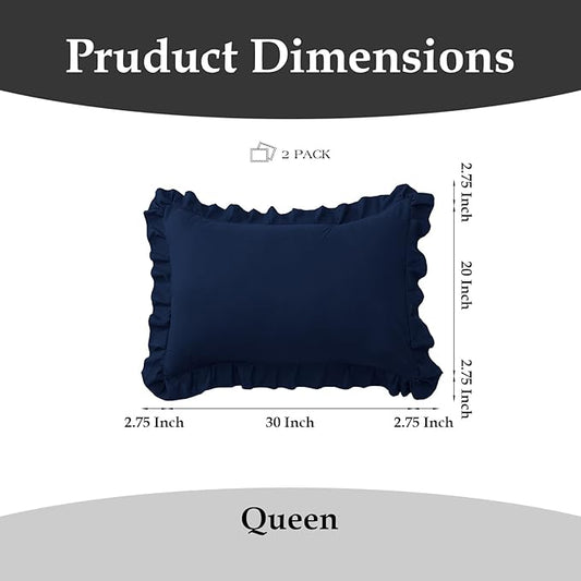 Ruffle Pillow Cases Queen Size Set of 2 – Soft Wrinkle Resistant Brushed Microfiber Ruffled Pillowcases –Envelope Pillow Shams Cover Festive Gift for Hotels, Guest Rooms 20x30 Inch (Navy Blue)