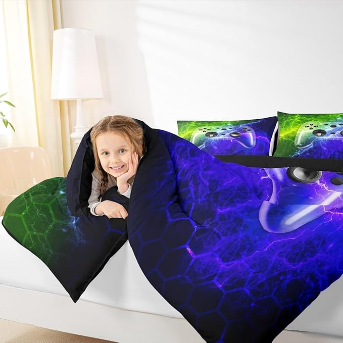 Erosebridal Kids Boys Queen Size Bedding Set for Gamer Comforter,Honeycomb Gaming Bedding for Teen Kids Lighting Gamepad Quilt Geometric Soft Video Game Room Decor with 2 Pillowcases