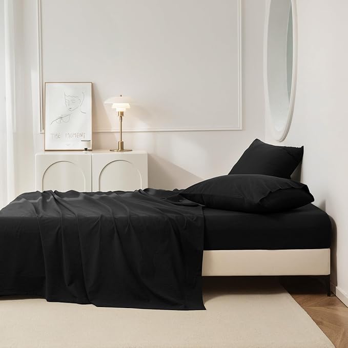 JIYUAN Twin Size Sheet Set, 3-Piece - 100% Washed Cotton, Linen-Like Soft & Breathable, Includes Deep Pocket Fitted & Flat Sheet with 1 Pillowcases, Hotel Quality, Solid Black