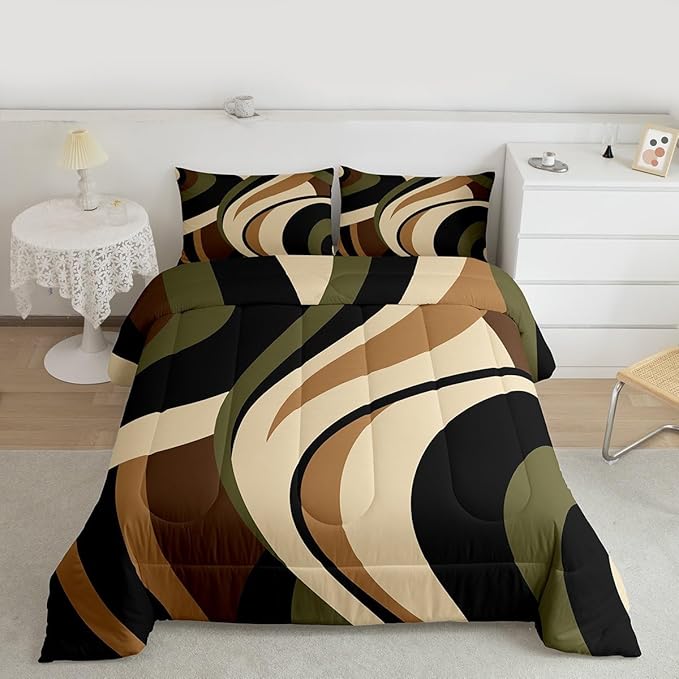 Castle Fairy Stripes Comforter Set Twin Size Brown Black Green Swirls Bedding Set 2pcs for Kids Boys Men Room Decor Vintage Abstract Styles Quilt Set Microfiber Duvet Insert with 1 Pillowcase