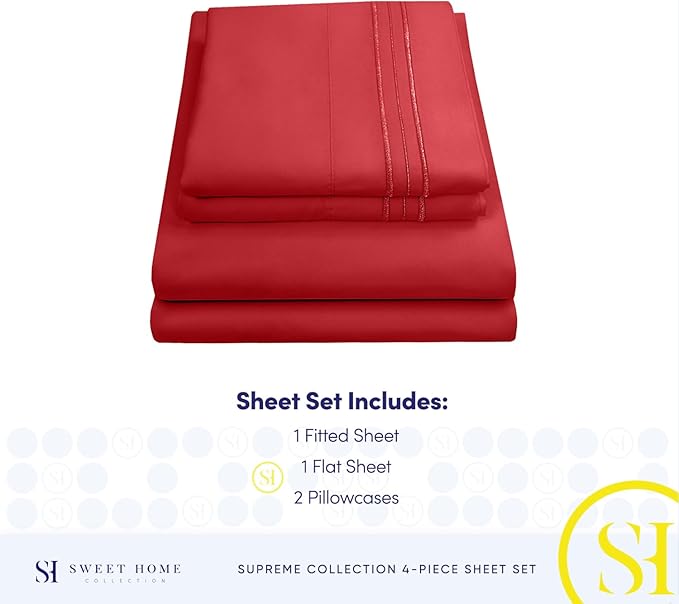 Split King Sheets - Breathable Luxury Sheets with Full Elastic & Secure Corner Straps Built In - 1800 Supreme Collection Extra Soft Deep Pocket Bedding Set, Sheet Set, Split King Size, Red