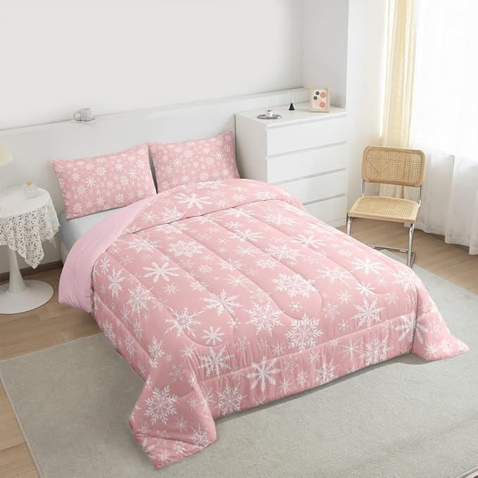 Erosebridal Pink Christmas Comforter Set King Girly Romantic Snowflake Duvet Insert Princess Winter Quilt Girls Modern Style Bedding Set Bedroom Decor Pink Floral Bedding Set & 2 Pillowcases