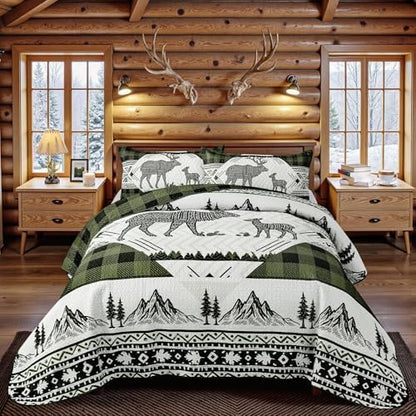 3 Piece Cabin King Size Quilt Sets Farmhouse Rustic Reversible Microfiber Soft Lightweight Bedspread Comforter with 2 Shams Patchwork Country Lodge Bedding Quilts Set for All Season, 106''x96'', Green