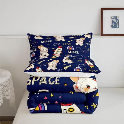 Castle Fairy Cute Rabbits Boys Girls Comforter Set Full Size,Kids Boys Dinosaurs Duvet Sets Teens Bedroom Decor,Cartoon Rocket Starry Galaxy Navy Brushed Microfiber Soft Bedding Comforter