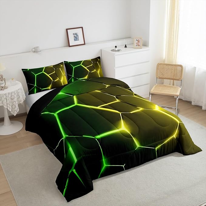 Feelyou Honeycomb Comforter Green Yellow Hexagonal Print Bedding Set for Kids Boys Girls Children Beehive Geometrical Comforter Set Ultra Soft Decor Reticulated Duvet Set King Size