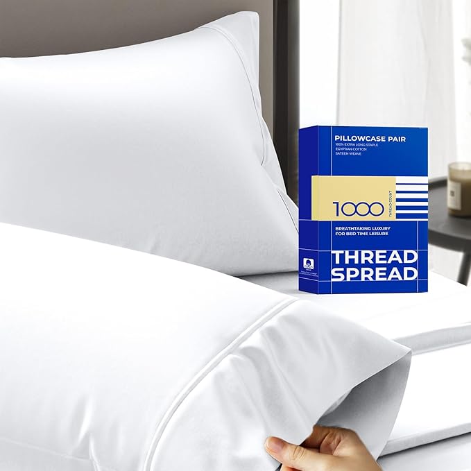 Thread Spread 100% Egyptian Cotton Pillow Cases Queen Size Set of 2 - Luxury 1000 Series Paradise Collection Queen Pillow Cases (White), Soft Cooling Sateen Hotel Egyptian Cotton Pillowcases