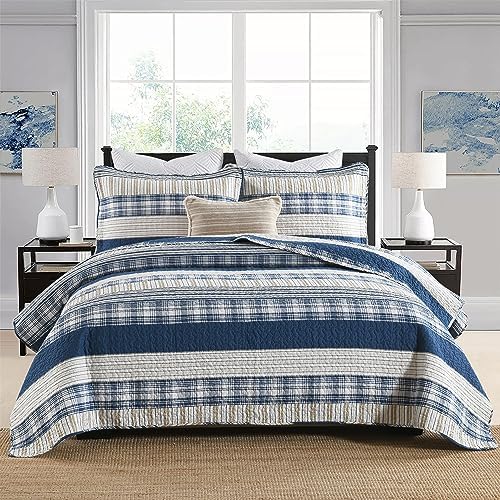 Homzard Queen Comforter Set - Blue White Tan Striped Queen Size Comforter Set,100% Cotton Plaid Quilts Queen Size Bedding Set, Farmhouse Bedspread Lightweight Bedding 3 Pieces All Season