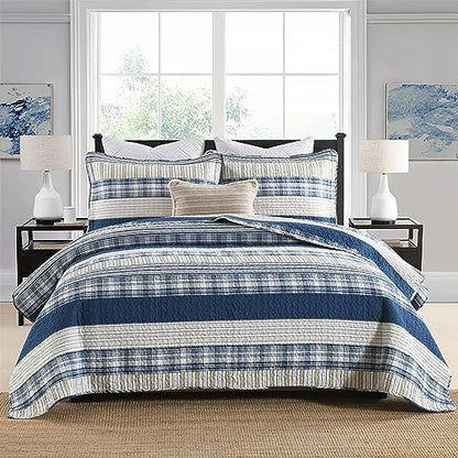 Homzard Queen Comforter Set - Blue White Tan Striped Queen Size Comforter Set,100% Cotton Plaid Quilts Queen Size Bedding Set, Farmhouse Bedspread Lightweight Bedding 3 Pieces All Season