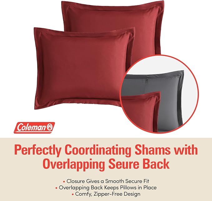 Coleman Queen Comforter Set Reversible Bed-in-a-Bag– Double-Sided Color Options, All-Season Comforter + Shams + Sheets – Perfect for Home, Cabin or Camp Use, Burgundy/Gray