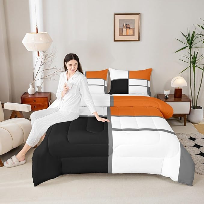 Erosebridal Geometric Abstract King Bedding Set Blue and White Striped Comforter Set for Adult Women Men Square Grid Bed Collections Modern Art Patchwork Duvet Quilt Sets for Minimalist