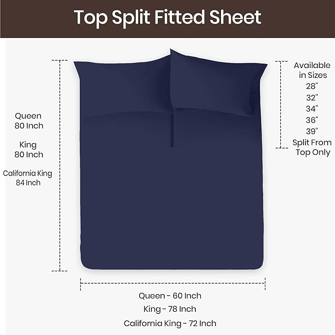 SGI bedding Adjustable Split Head Flex Top Queen 28" Microfiber Sheet Set – Ultra Soft, Cooling & Deep Pocket 15” Fitted, 4-Piece Breathable & Durable Bedding Set for Split Queen Beds -Navy Blue
