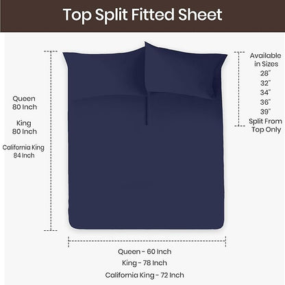 SGI bedding Adjustable Split Head Flex Top Queen 36" Microfiber Sheet Set – Ultra Soft, Cooling & Deep Pocket 15” Fitted, 4-Piece Breathable & Durable Bedding Set for Split Queen Beds -Navy Blue