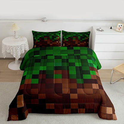Manfei Pixelated Kids Comforter Set Queen Size,Patchwork Grid Video Games Bedding Set,Girls Boys Room Decor,Miners Lattice Quilt Comforter,Dark Green Brown Duvet Set Bedroom Quilt Set,2 Pillowcases