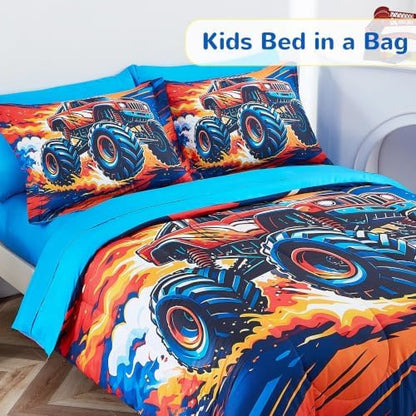 Viviland Kids Bedding Set Full Size Comforter Sets, Bed in Red Monster Truck Cover Set for Children
