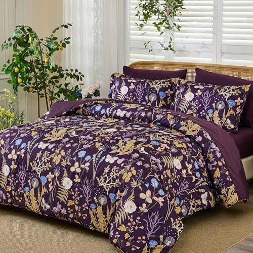 Purple Floral Comforter Set Queen Size, 7 Piece Botanical Comforter Bedding