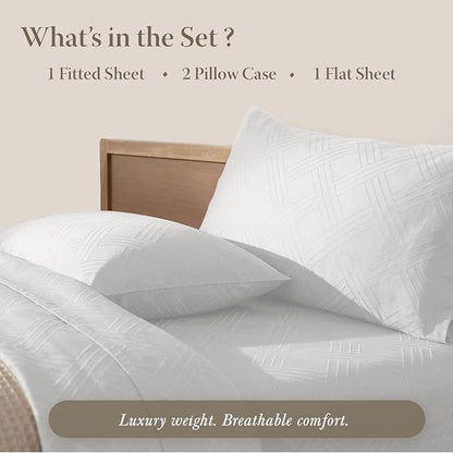 Threadmill Luxury 100% Cotton King Size Sheets Set- 800 Thread Count Jacquard Celine Hotel White, Better Than Egyptian Cotton,4 Pc Striped Bed Set, Damask Bed Sheets with 16" Deep Pocket