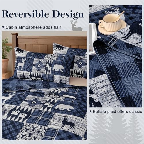 3 Piece Cabin King Size Quilt Sets Farmhouse Rustic Reversible Microfiber Soft Lightweight Bedspread Comforter with 2 Shams Patchwork Country Lodge Bedding Quilts Set for All Season, 106''x96'', Blue