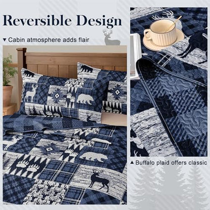 3 Piece Cabin King Size Quilt Sets Farmhouse Rustic Reversible Microfiber Soft Lightweight Bedspread Comforter with 2 Shams Patchwork Country Lodge Bedding Quilts Set for All Season, 106''x96'', Blue