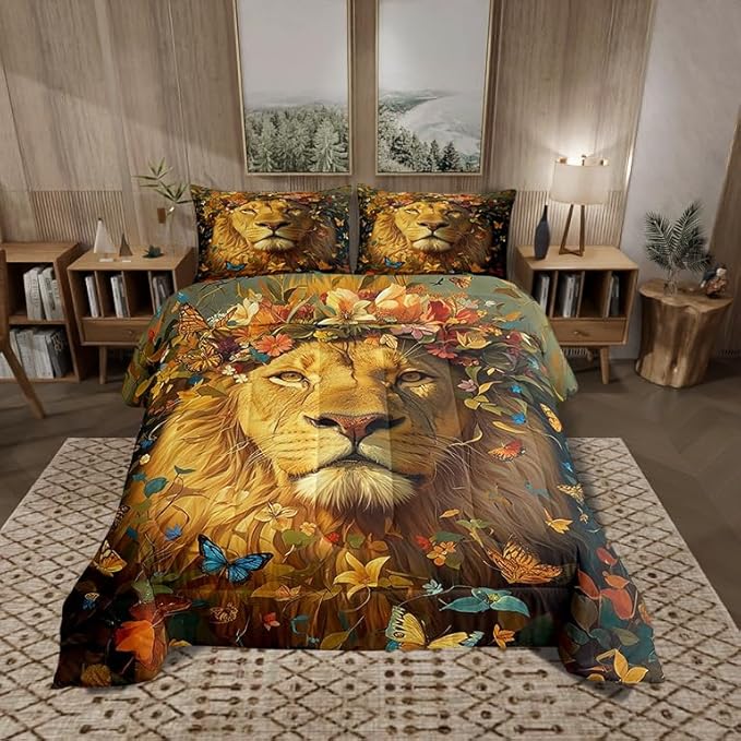 Castle Fairy Wild Lion Bedding Set King Size Spring Flowers Comforter for Child Toddler Teens African Lion Animal Down Comforter Watercolor Butterfly Duvet Insert Bedroom Decor with 2 Pillowcases