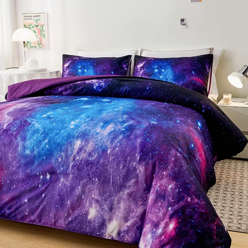 Galaxy Full Bedding Sets,7PCS Galaxy Comforter Sets,Purple Comforter,Girls Bed Sets Full,Bed in a Bag with Flat Sheet and Fitted Sheet,Pillowcases,Cushion Covers for Girls