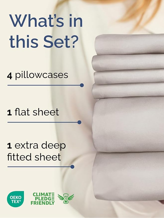 Extra Deep Queen Sheet Set - 6 Piece Breathable and Cooling Sheets - Hotel Luxury Bedding for Women, Men, Kids & Teens - Easy Secure Fit - Soft, Wrinkle Free & Comfy - Extra Deep Pockets - Light Grey