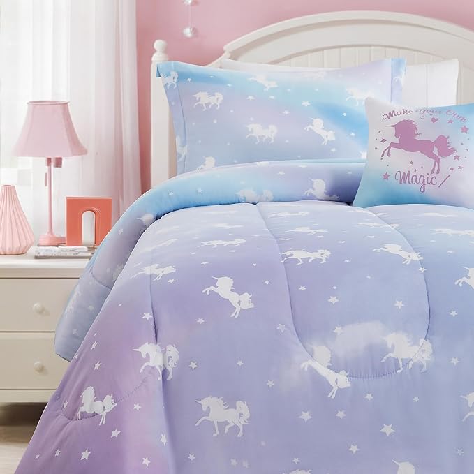 Twin Comforter Set for Girls-3 Pieces Unicorn Glow in the Dark Twin Bedding Sets for Kids,1 Comforter,1 Sham and 1 Decor Pillow