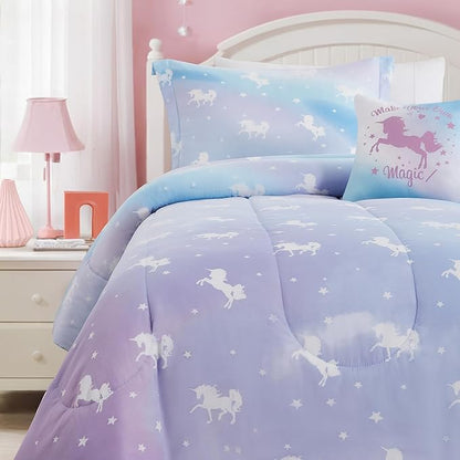 Twin Comforter Set for Girls-3 Pieces Unicorn Glow in the Dark Twin Bedding Sets for Kids,1 Comforter,1 Sham and 1 Decor Pillow